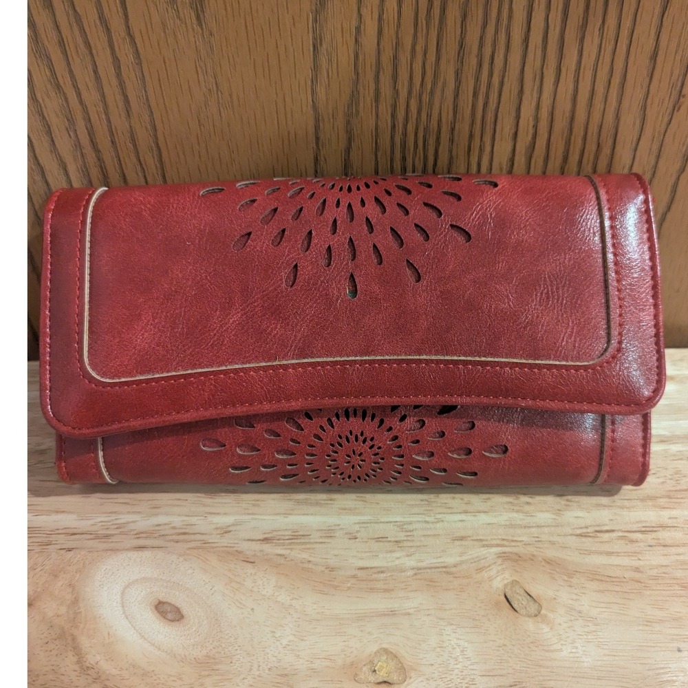 APHISON Red Laser Cut Floral Vegan Leather Trifold Clutch Wallet Organizer